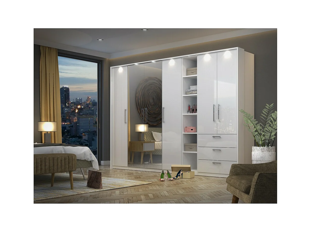 Dressing complet collection MODULO coloris blanc avec LED, joues de finitions et packs étagères inclus.