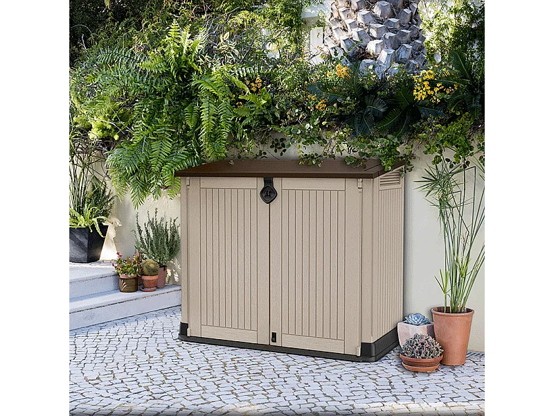 Gartenbox aus Harz "Caracas" 880L - Doppelöffnung - Beige