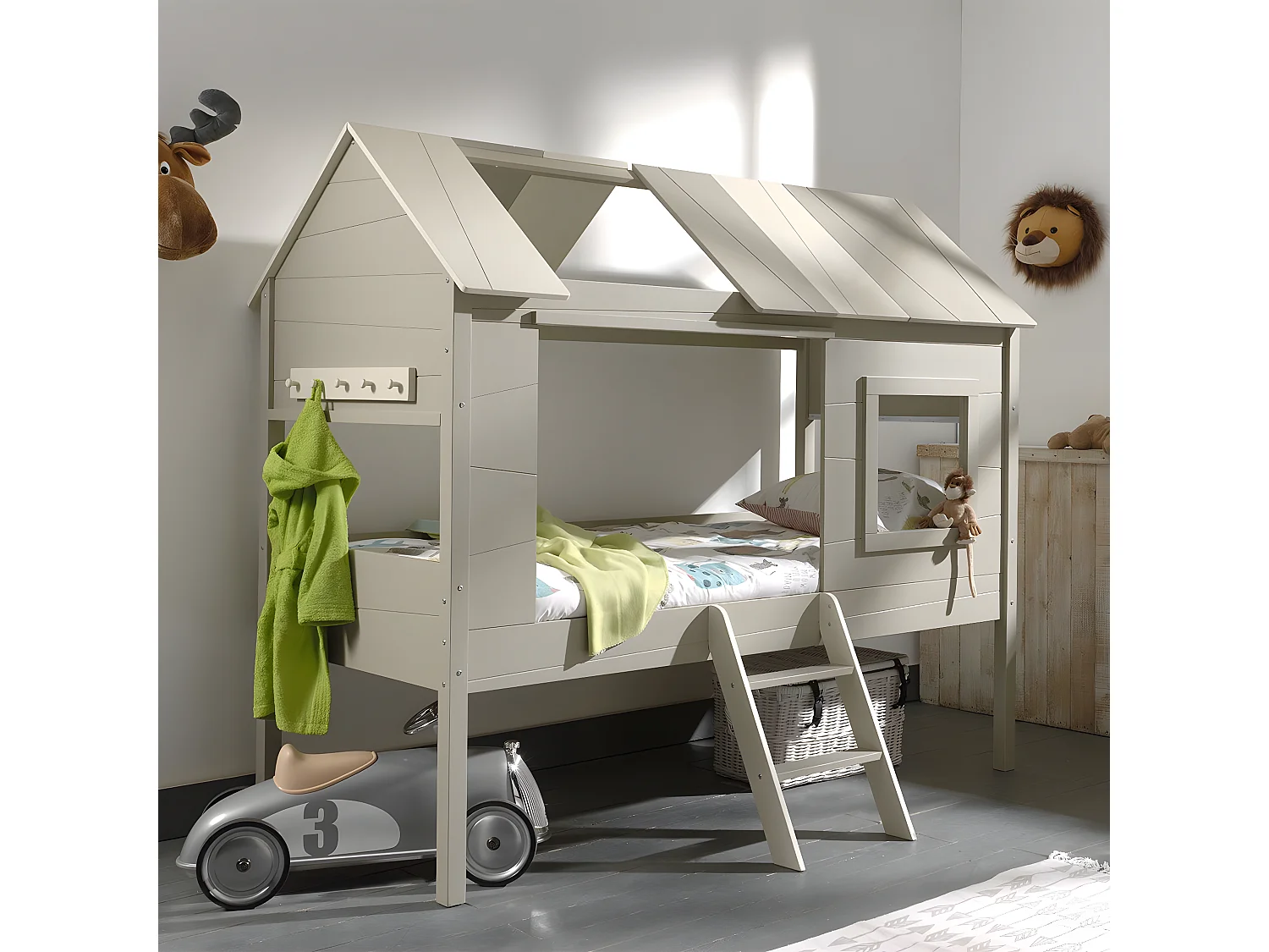 COOKIE - Lit Cabane Surélevé 90x200cm Gris Beige avec Sommier