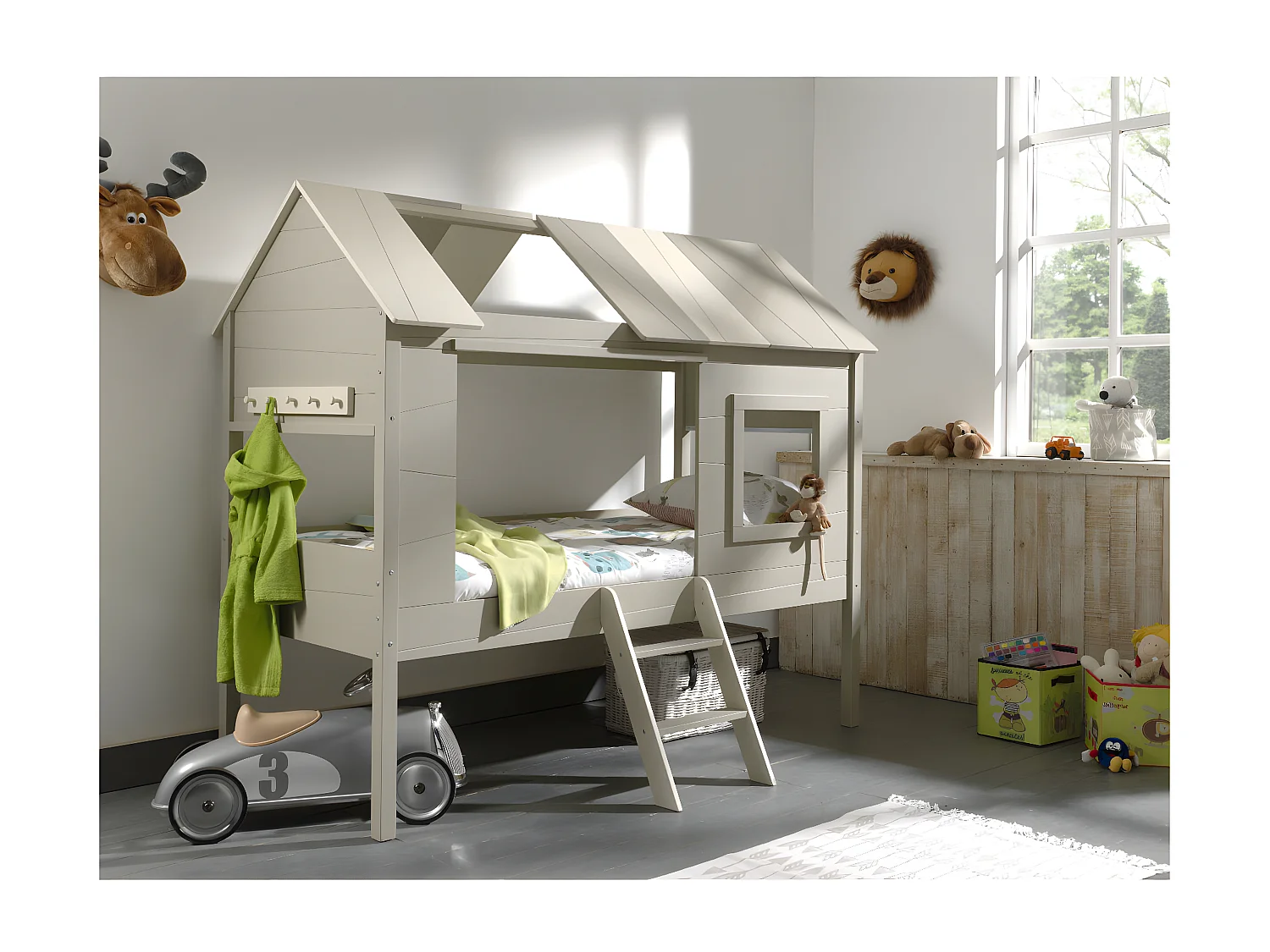 COOKIE - Lit Cabane Surélevé 90x200cm Gris Beige avec Sommier