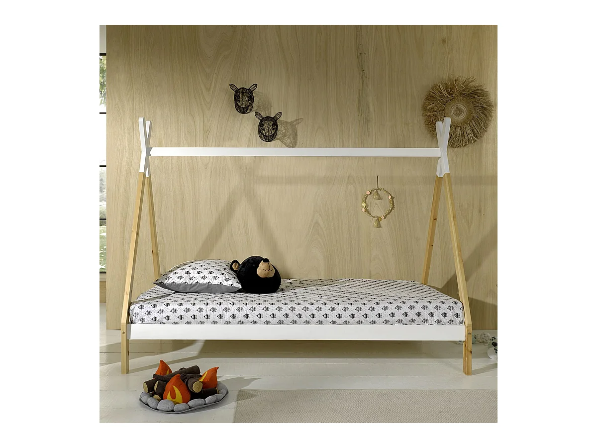FLITT - Lit 90x200cm Blanc et Pin Forme Tipi