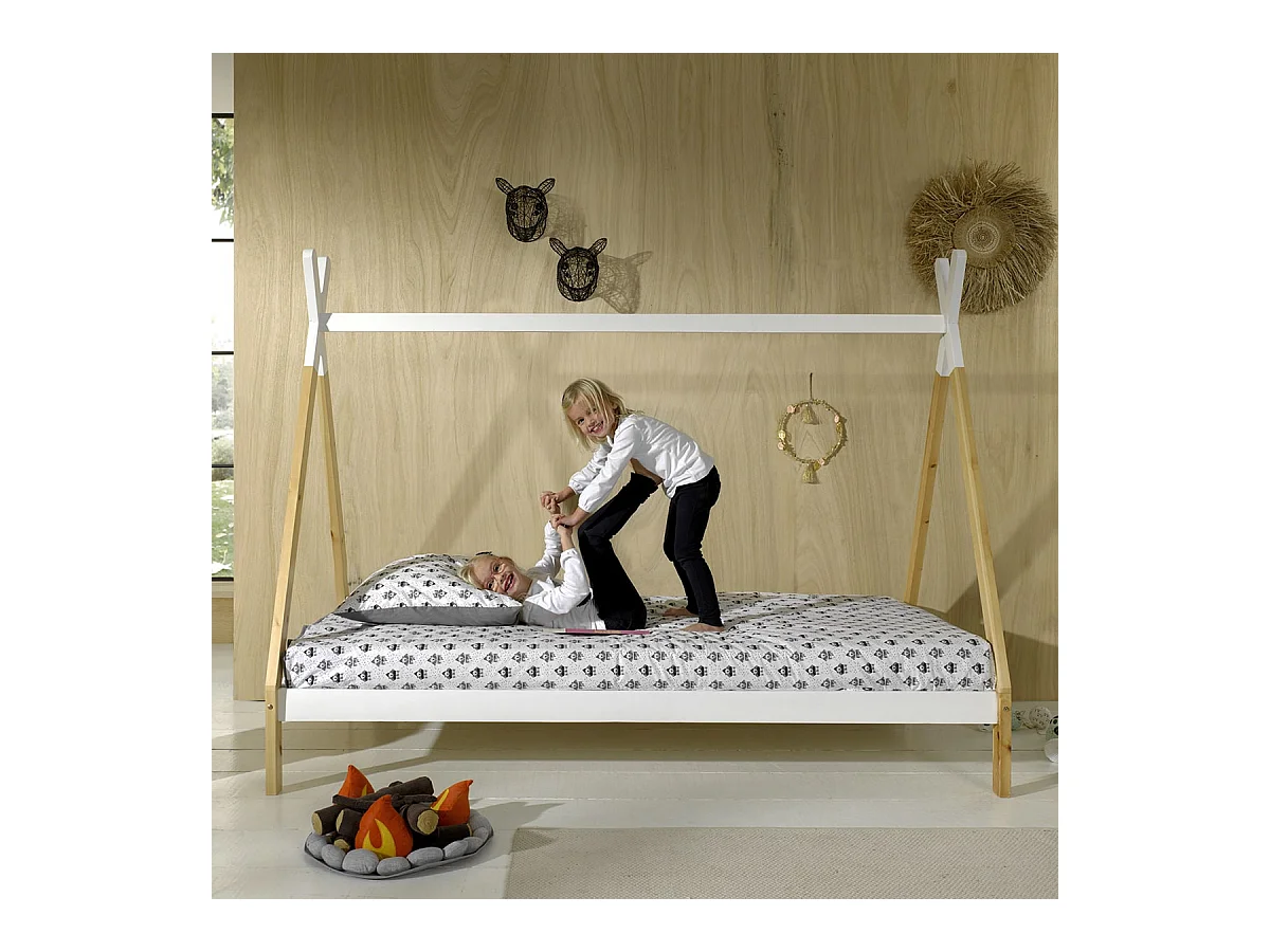 FLITT - Lit 90x200cm Blanc et Pin Forme Tipi