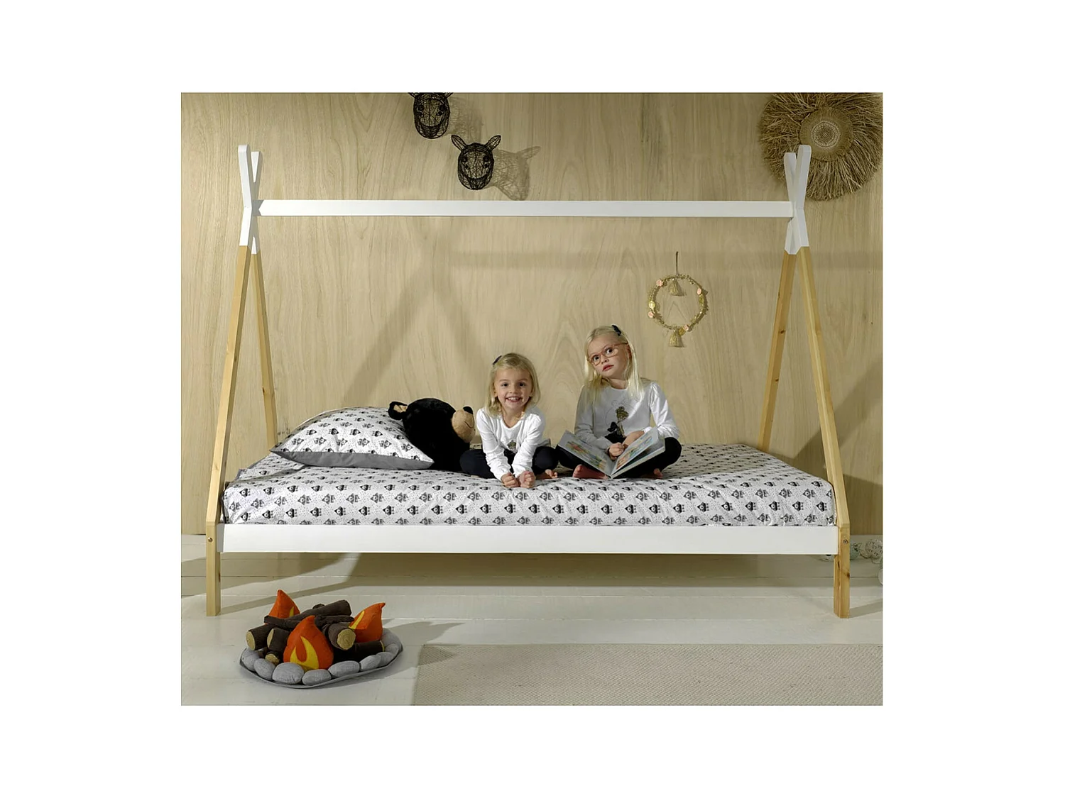 FLITT - Lit 90x200cm Blanc et Pin Forme Tipi