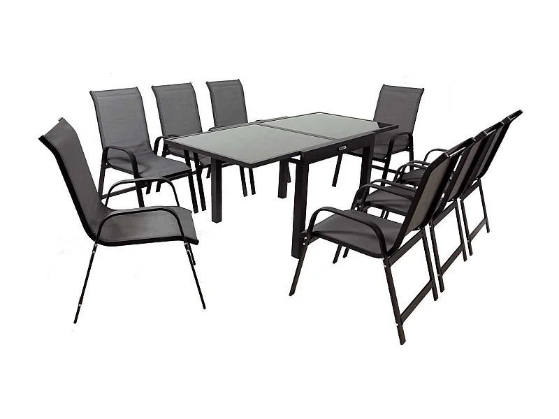 Salon de Jardin extensible luxe 90/180 "Porto 8" - Phoenix - Noir/Gris foncé - 1 Table 90/180 + 8 Fauteuils