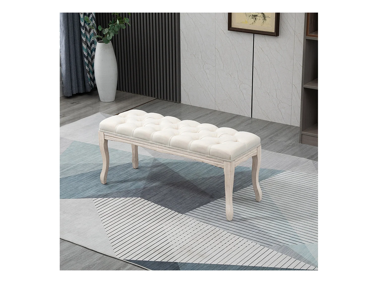 Banc banquette capitonnée style classique chic dim. 110L x 40l x 48H cm piètement bois hévéa sculpté lin beige