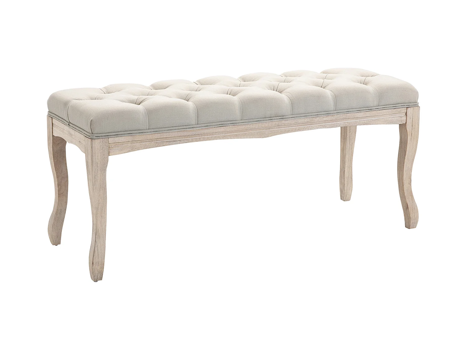 Banc banquette capitonnée style classique chic dim. 110L x 40l x 48H cm piètement bois hévéa sculpté lin beige