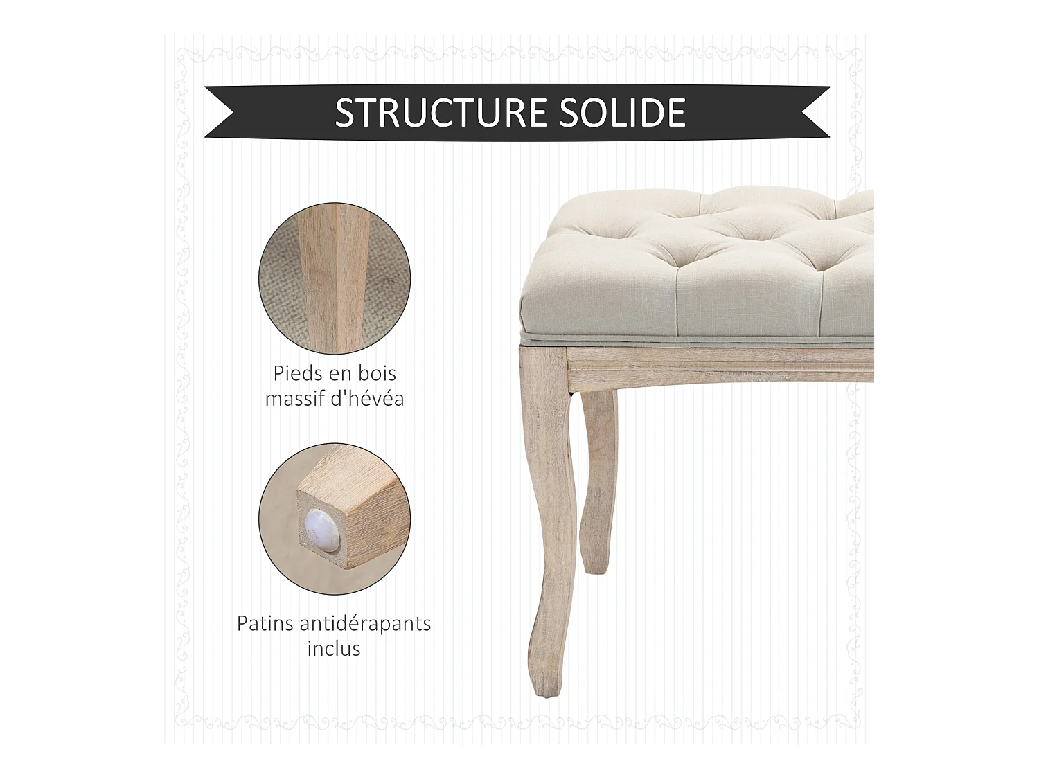 Banc banquette capitonnée style classique chic dim. 110L x 40l x 48H cm piètement bois hévéa sculpté lin beige
