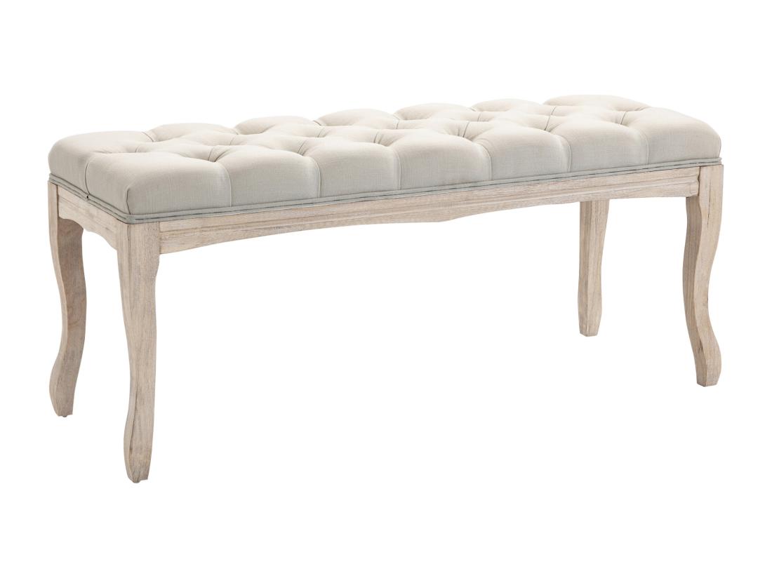 vente unique Banc banquette capitonnée style classique chic dim. 110L x 40l x 48H cm piètement bois hévéa sculpté lin beige