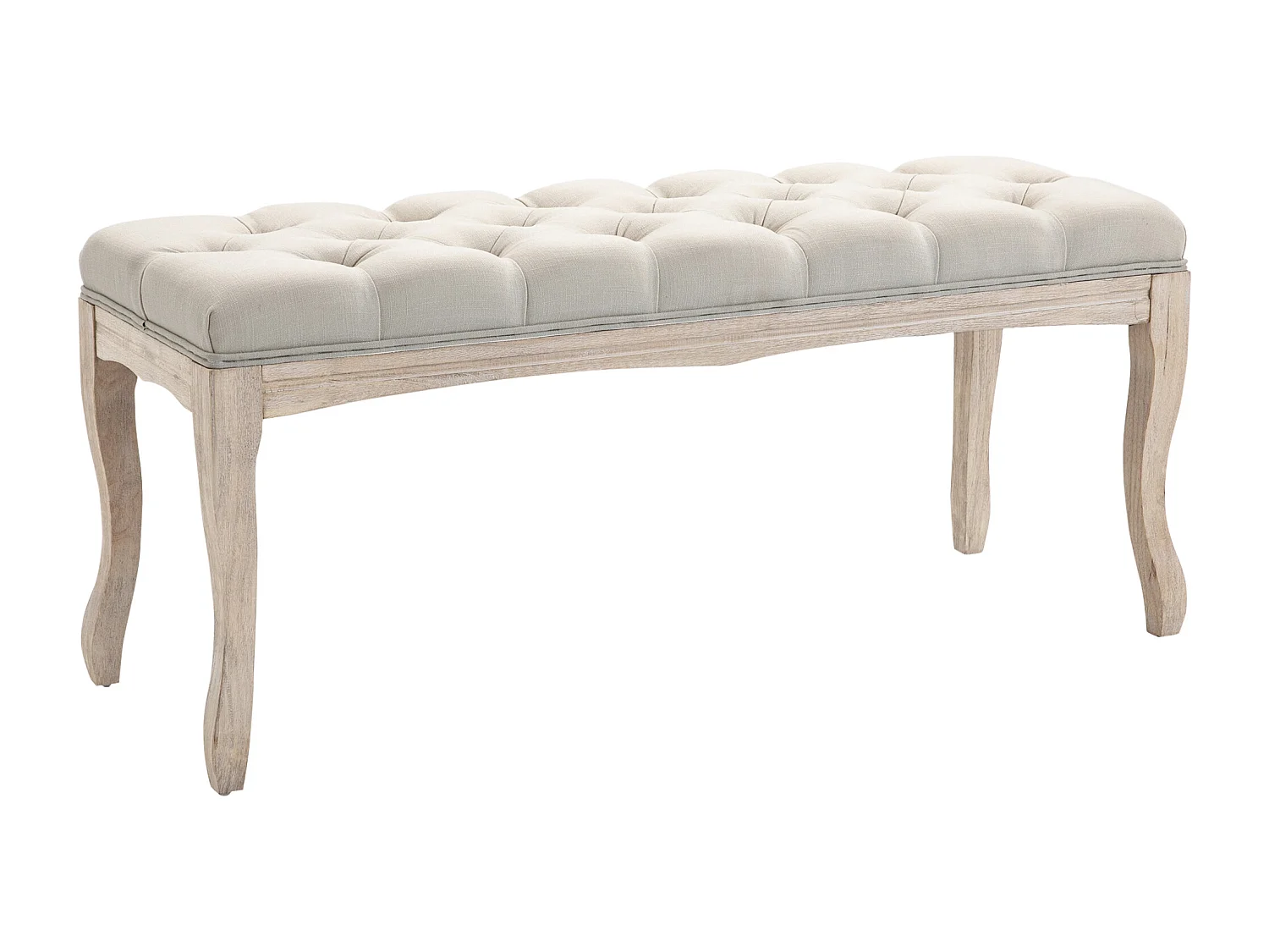 Banc banquette capitonnée style classique chic dim. 110L x 40l x 48H cm piètement bois hévéa sculpté lin beige