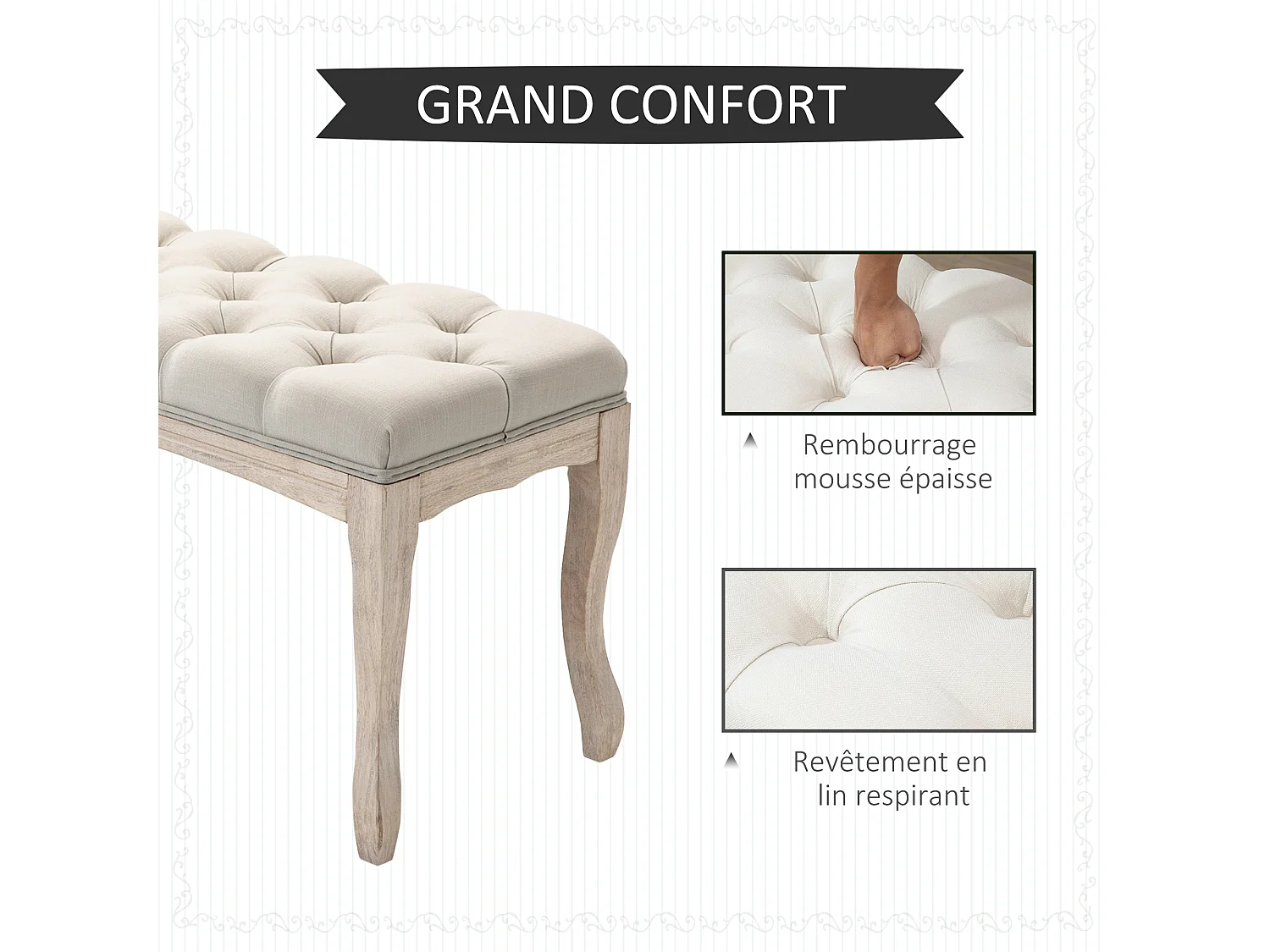 Banc banquette capitonnée style classique chic dim. 110L x 40l x 48H cm piètement bois hévéa sculpté lin beige