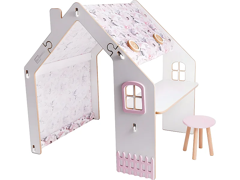 Houten speelhuis "Bianelli" met bureau en LED-verlichting voor kinderen - Wit / Roze