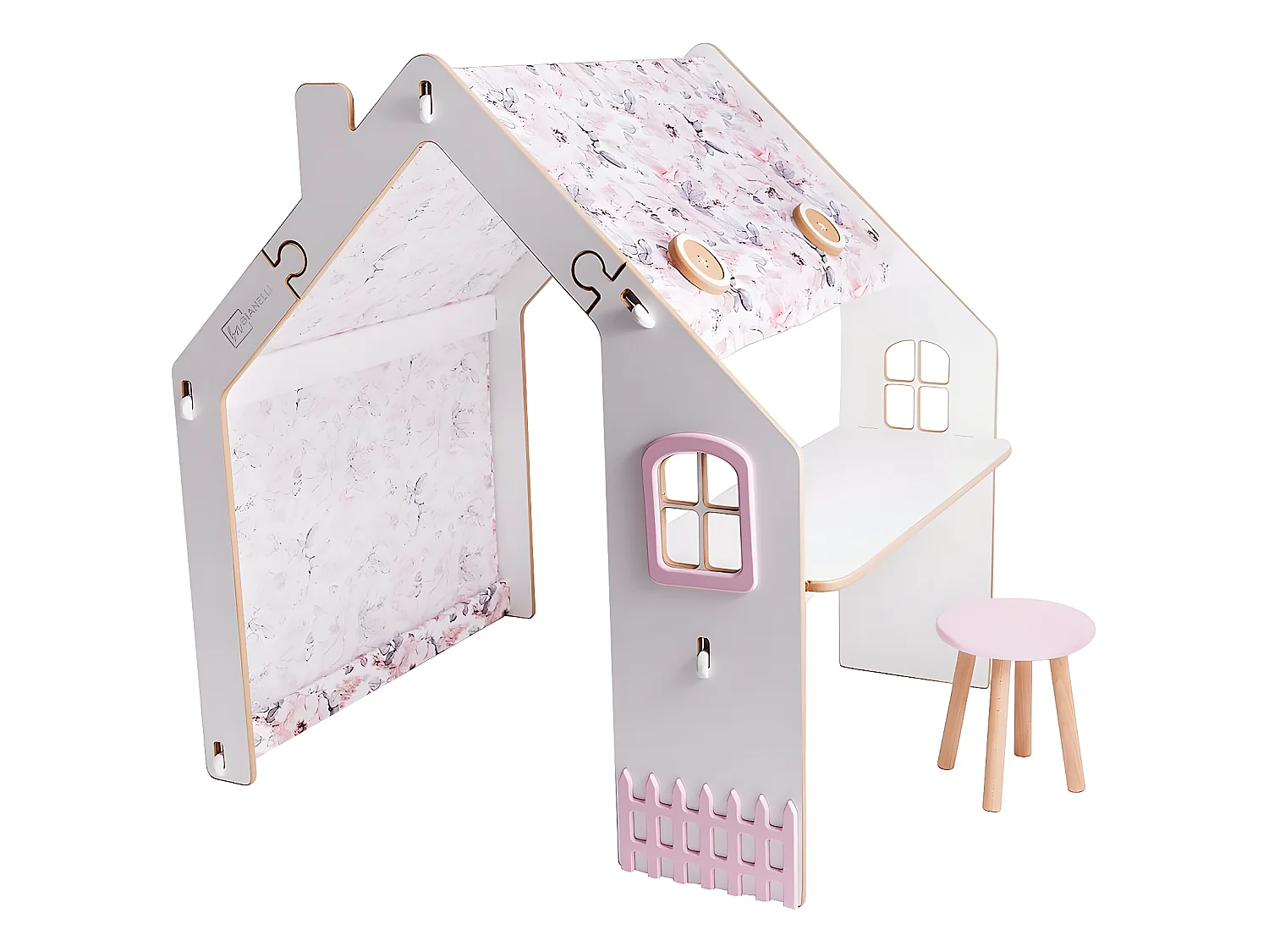 Houten speelhuis "Bianelli" met bureau en LED-verlichting voor kinderen - Wit / Roze