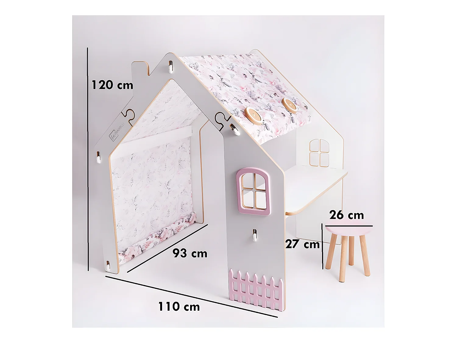 Houten speelhuis "Bianelli" met bureau en LED-verlichting voor kinderen - Wit / Roze