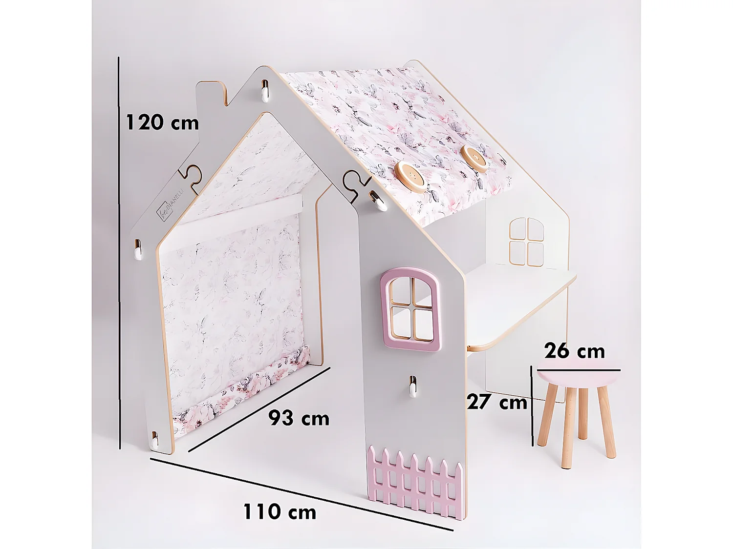 Houten speelhuisje met bureau krukje en led binnen "Bianelli" - 114 x 93 x 120 cm - Wit / Roze