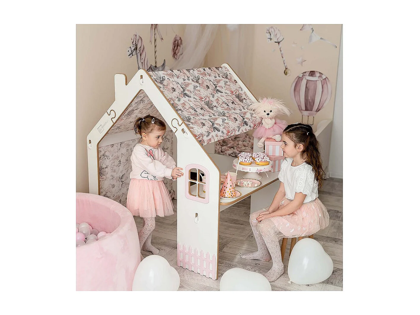 Maisonnette pour enfant en bois "Bianelli" avec bureau - 114 x 93 x 120 cm - Blanc / Rose