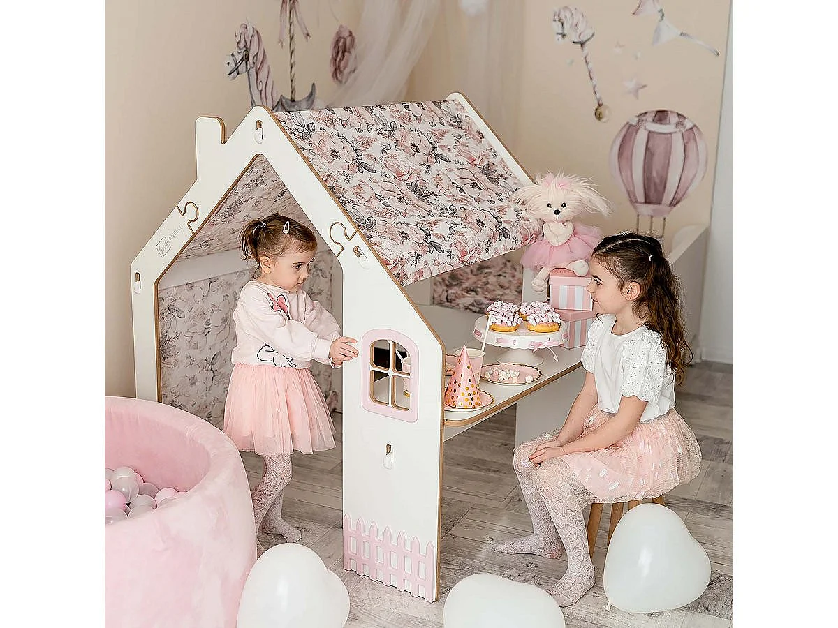 Casinha de Brincar para Crianças em Madeira "Bianelli" com Secretária e Iluminação LED - Branco/Rosa - Design Europeu