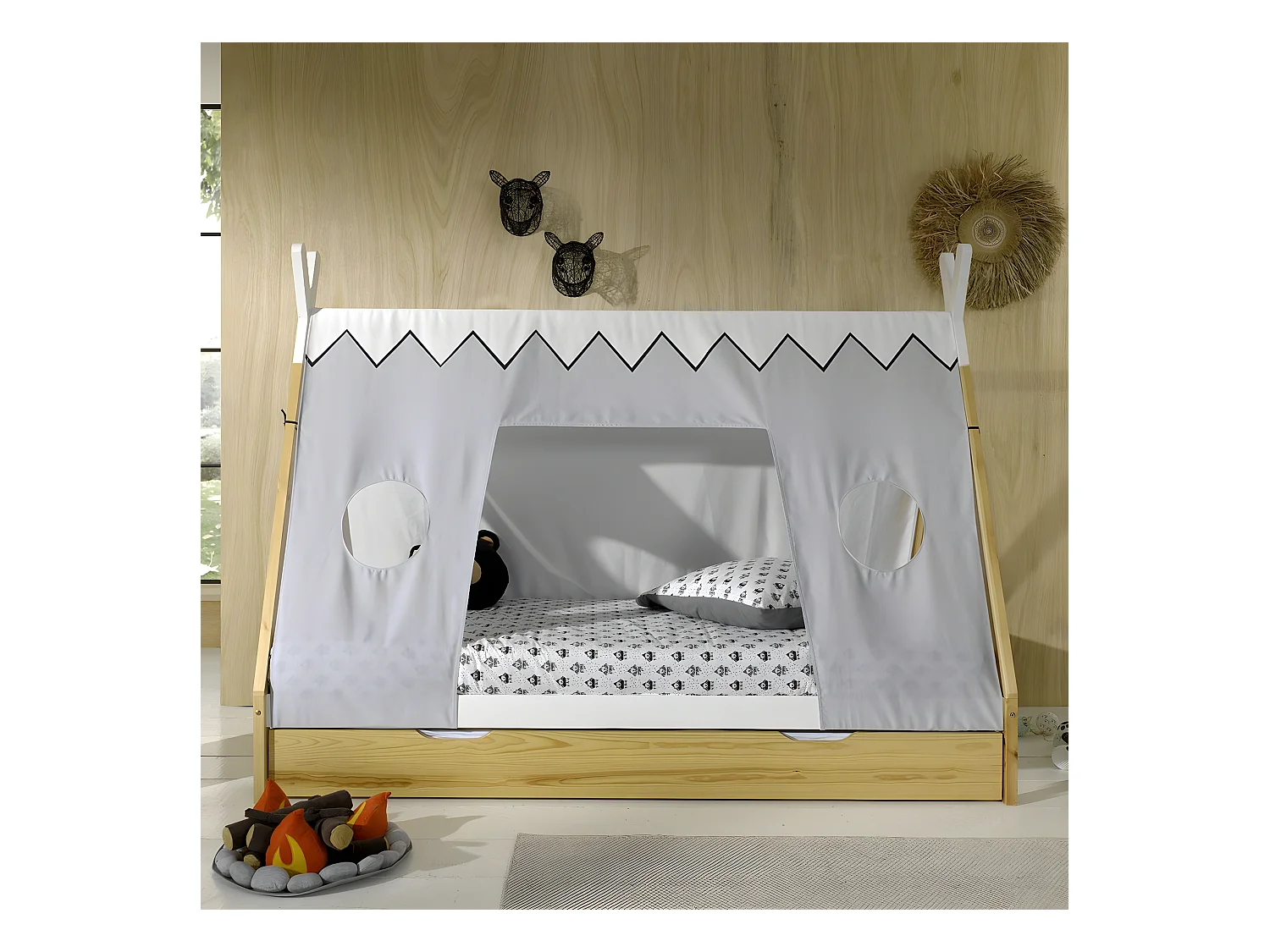 FLITT - Lit 90x200cm Forme Tipi avec Tiroir Pin et Toile