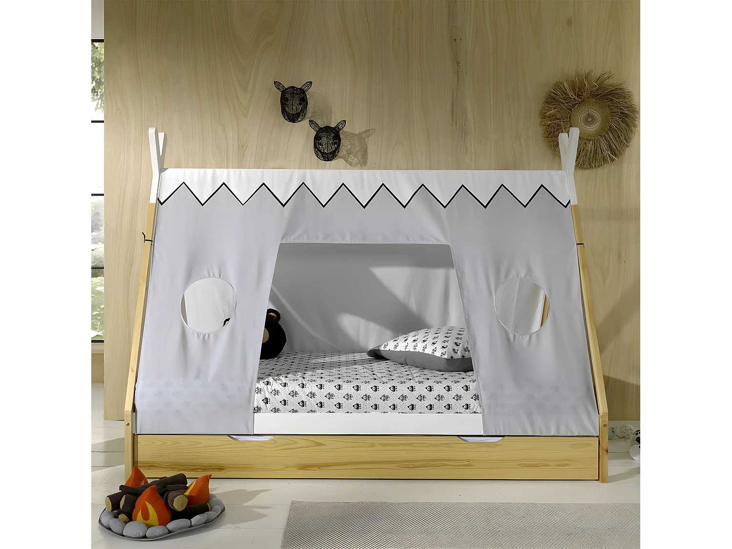 FLITT - Lit 90x200cm Forme Tipi avec Tiroir Pin et Toile