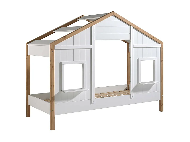 PONGO - Lit Maison 90x200cm Blanc et Pin à 2 Fenêtres