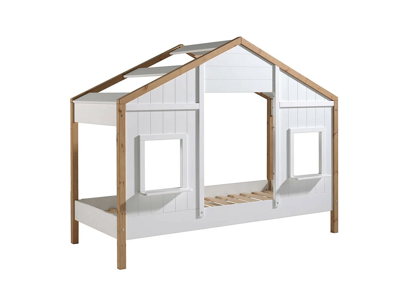 PONGO - Lit Maison 90x200cm Blanc et Pin à 2 Fenêtres