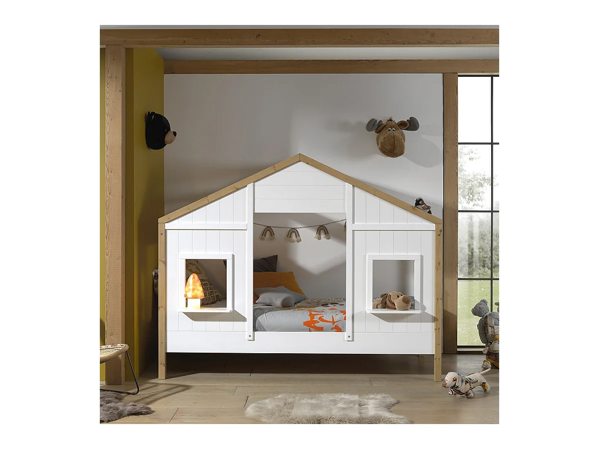 PONGO - Lit Maison 90x200cm Blanc et Pin à 2 Fenêtres