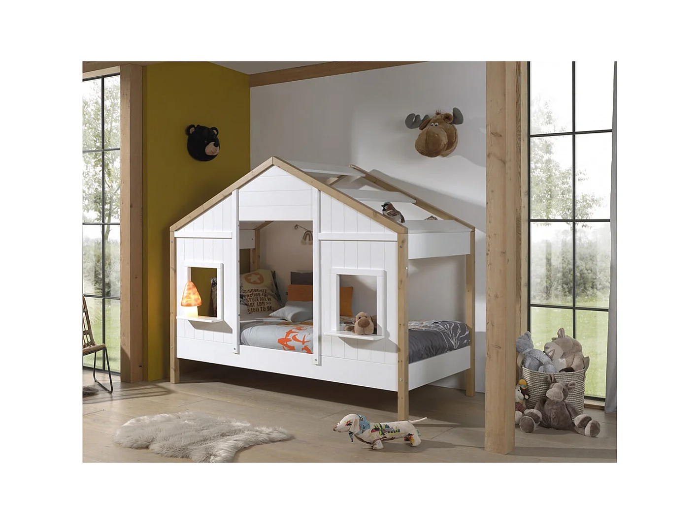 PONGO - Lit Maison 90x200cm Blanc et Pin à 2 Fenêtres