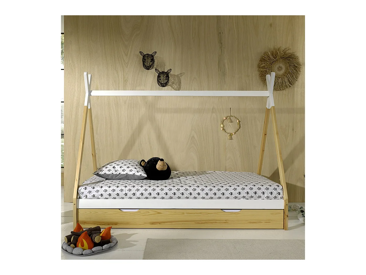 FLITT - Lit 90x200cm Forme Tipi avec Tiroir Pin