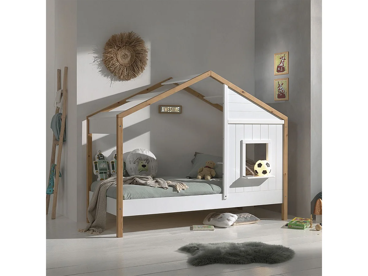 PONGO - Lit Maison 90x200cm Blanc et Pin avec Fenêtre
