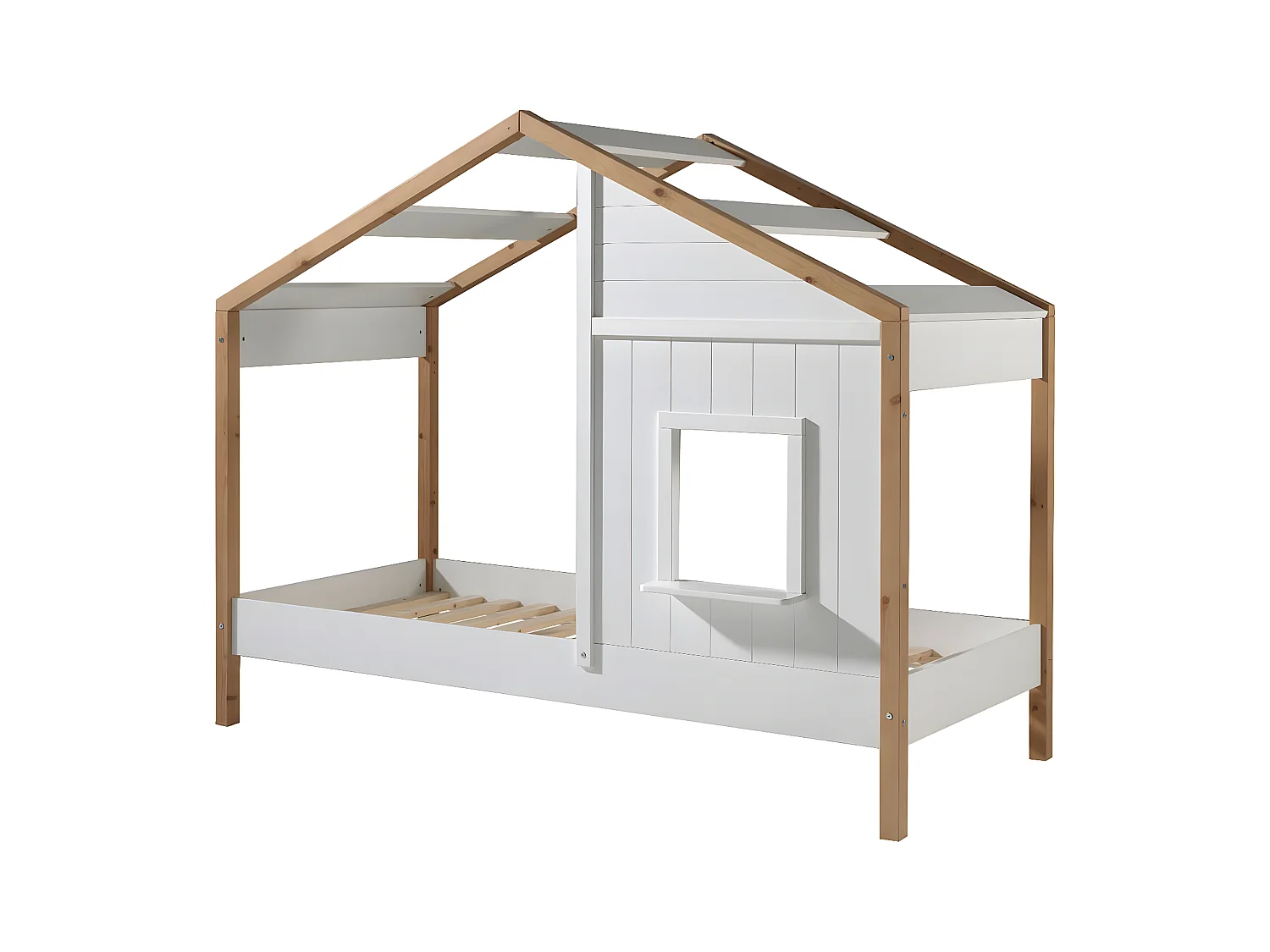 PONGO - Lit Maison 90x200cm Blanc et Pin avec Fenêtre