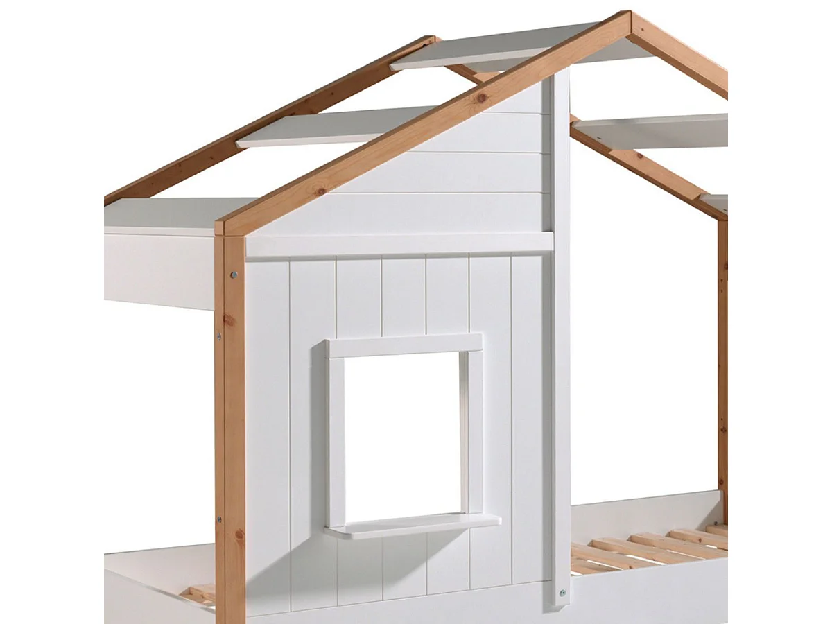 PONGO - Lit Maison 90x200cm Blanc et Pin avec Fenêtre