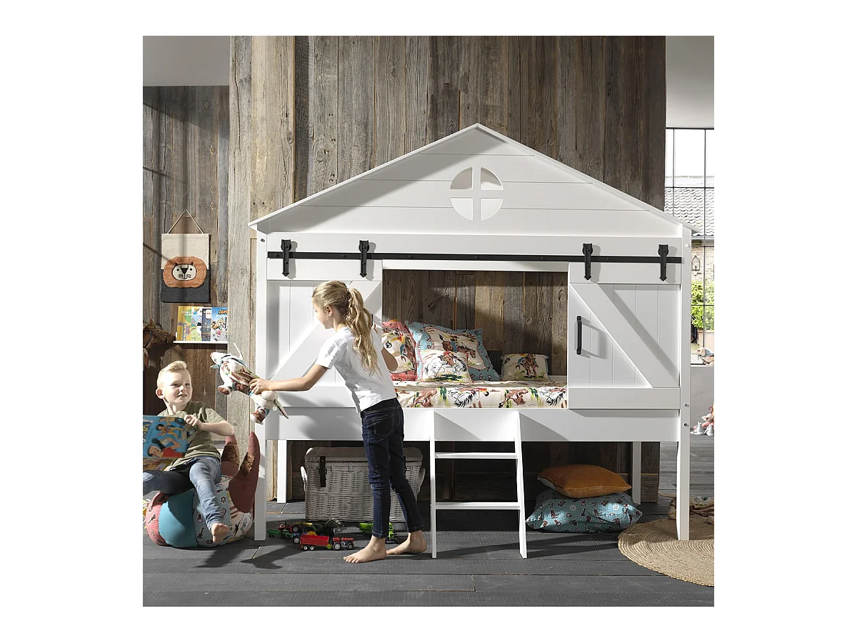 MAGGIE - Lit Cabane Surélevé 90x200cm Type Grange avec Sommier