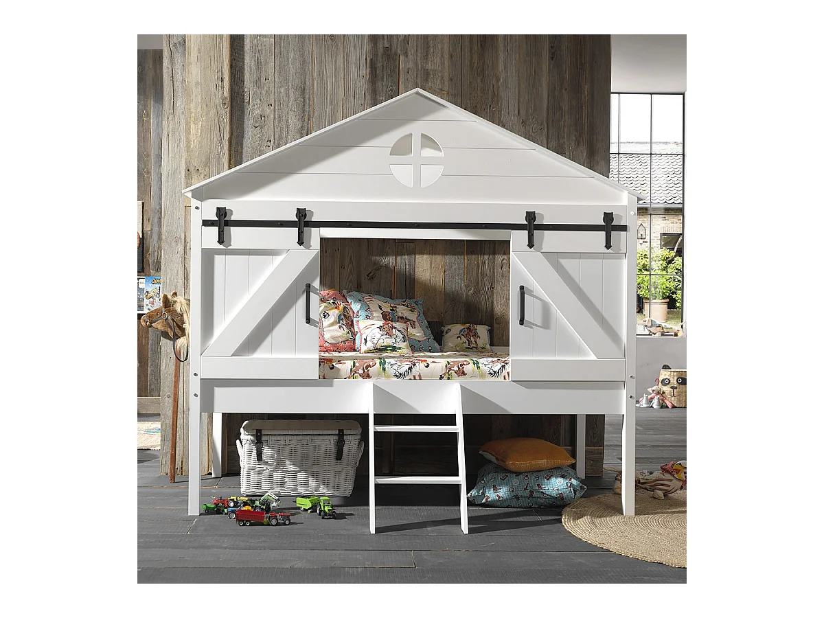 MAGGIE - Lit Cabane Surélevé 90x200cm Type Grange avec Sommier