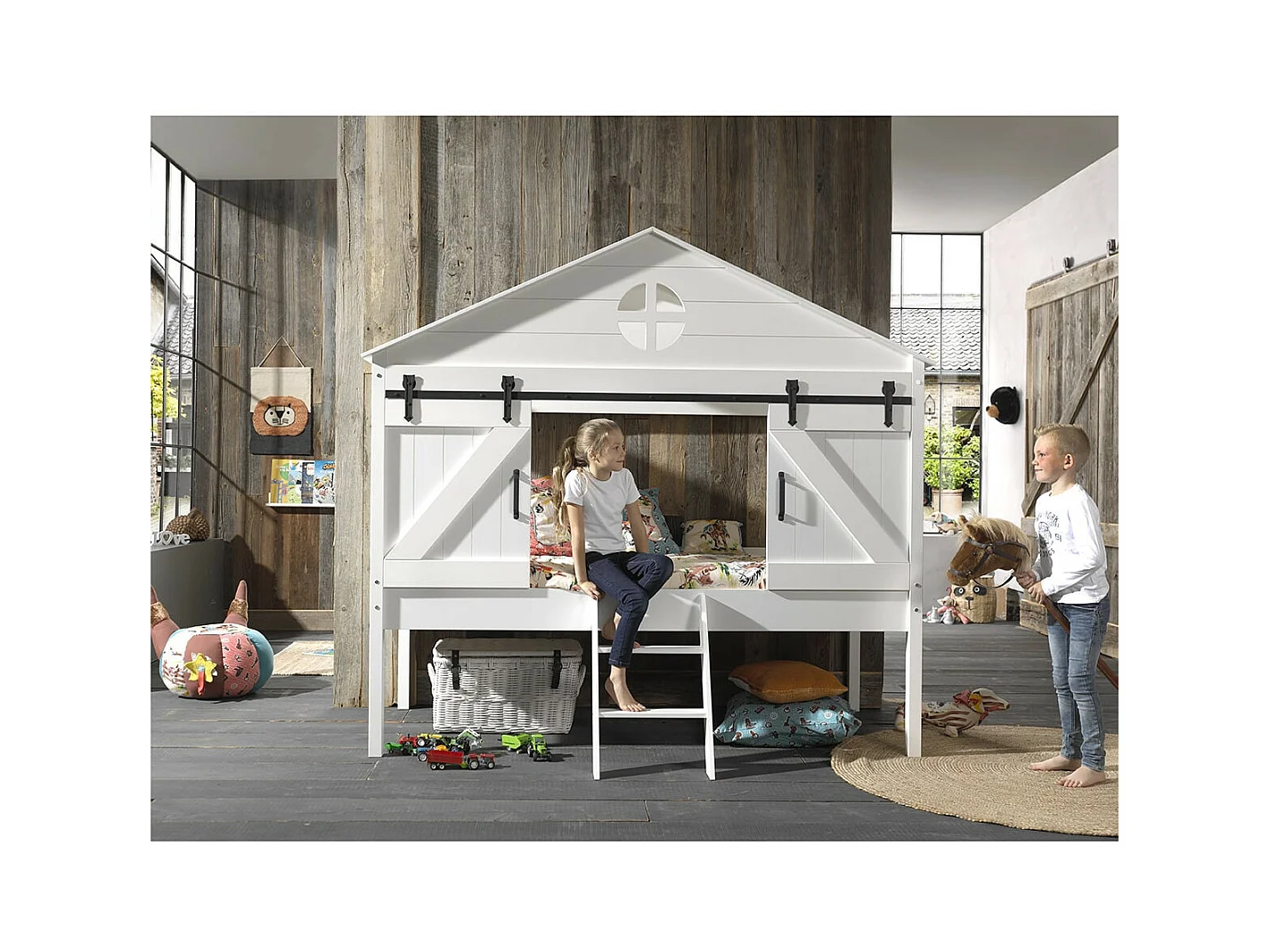 MAGGIE - Lit Cabane Surélevé 90x200cm Type Grange avec Sommier