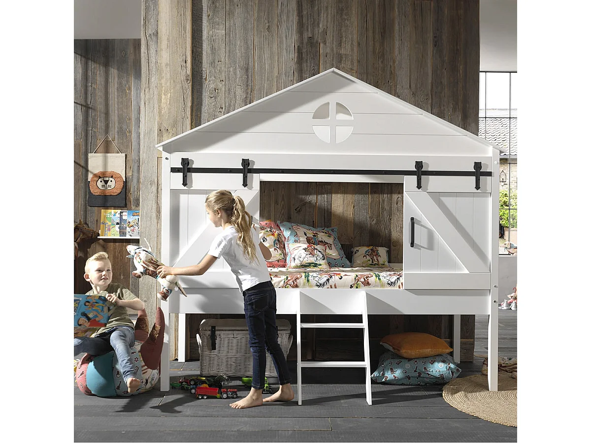 MAGGIE - Lit Cabane Surélevé 90x200cm Type Grange avec Sommier