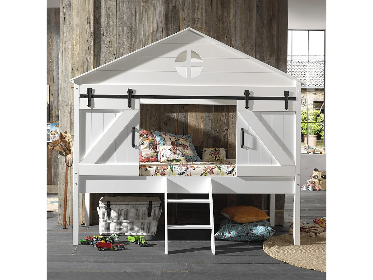 MAGGIE - Lit Cabane Surélevé 90x200cm Type Grange avec Sommier