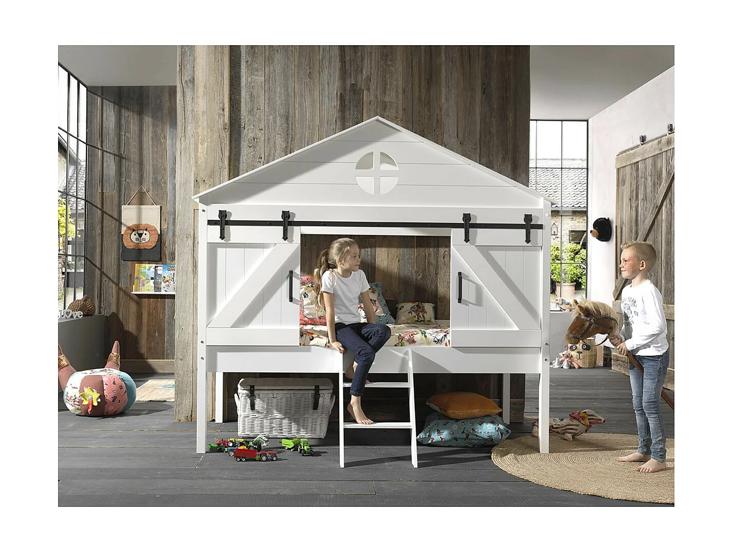 MAGGIE - Lit Cabane Surélevé 90x200cm Type Grange avec Sommier