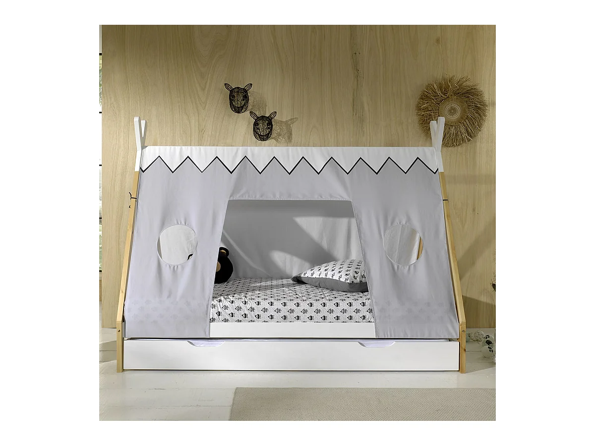 FLITT - Lit 90x200cm Forme Tipi avec Tiroir Blanc et Toile