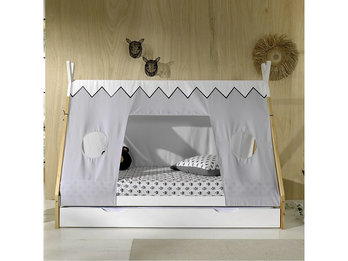 FLITT - Lit 90x200cm Forme Tipi avec Tiroir Blanc et Toile