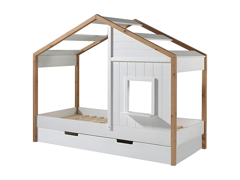 PONGO - Lit Maison 90x200cm Blanc et Pin avec Fenêtre + Tiroir
