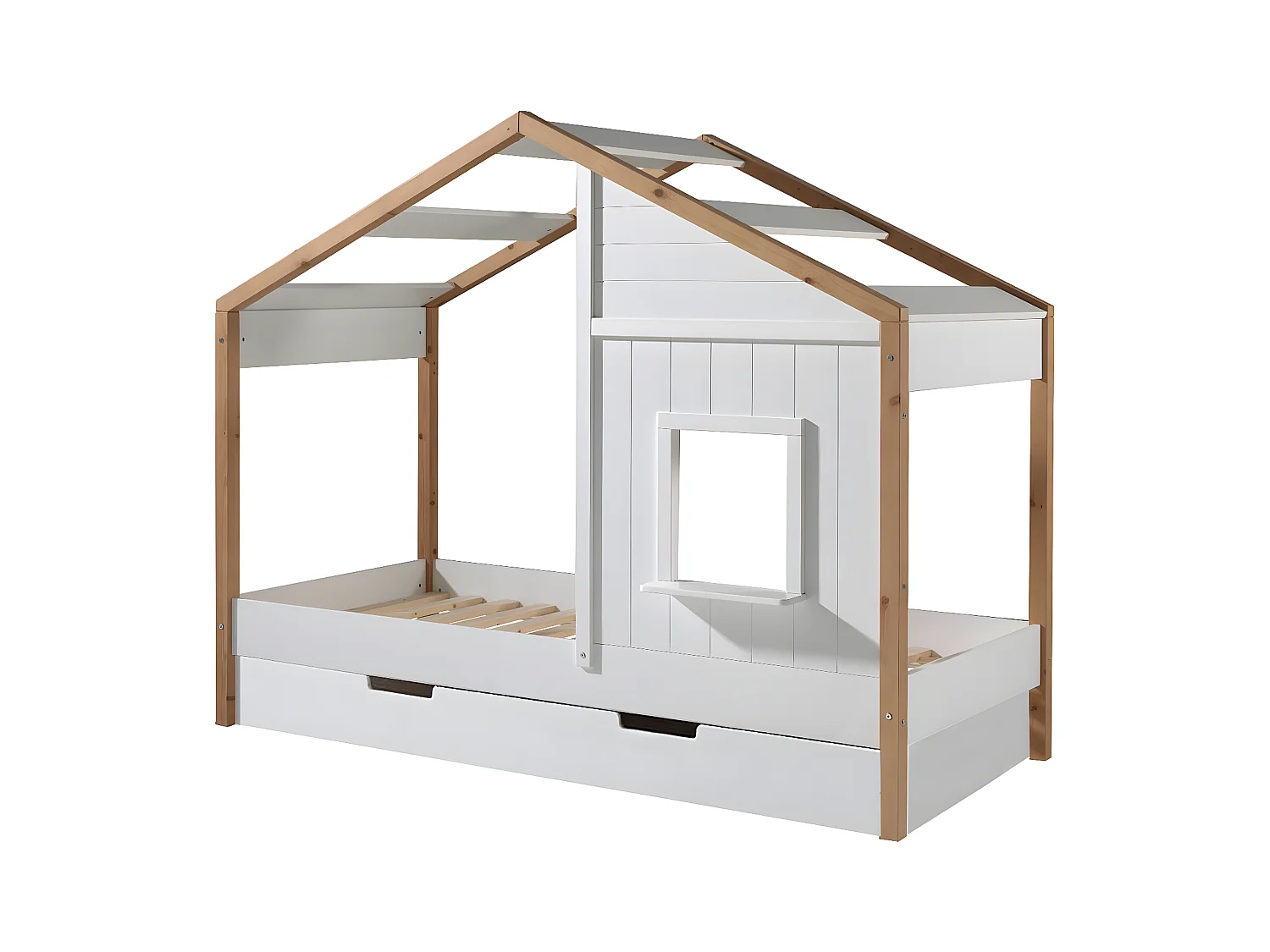 PONGO - Lit Maison 90x200cm Blanc et Pin avec Fenêtre + Tiroir