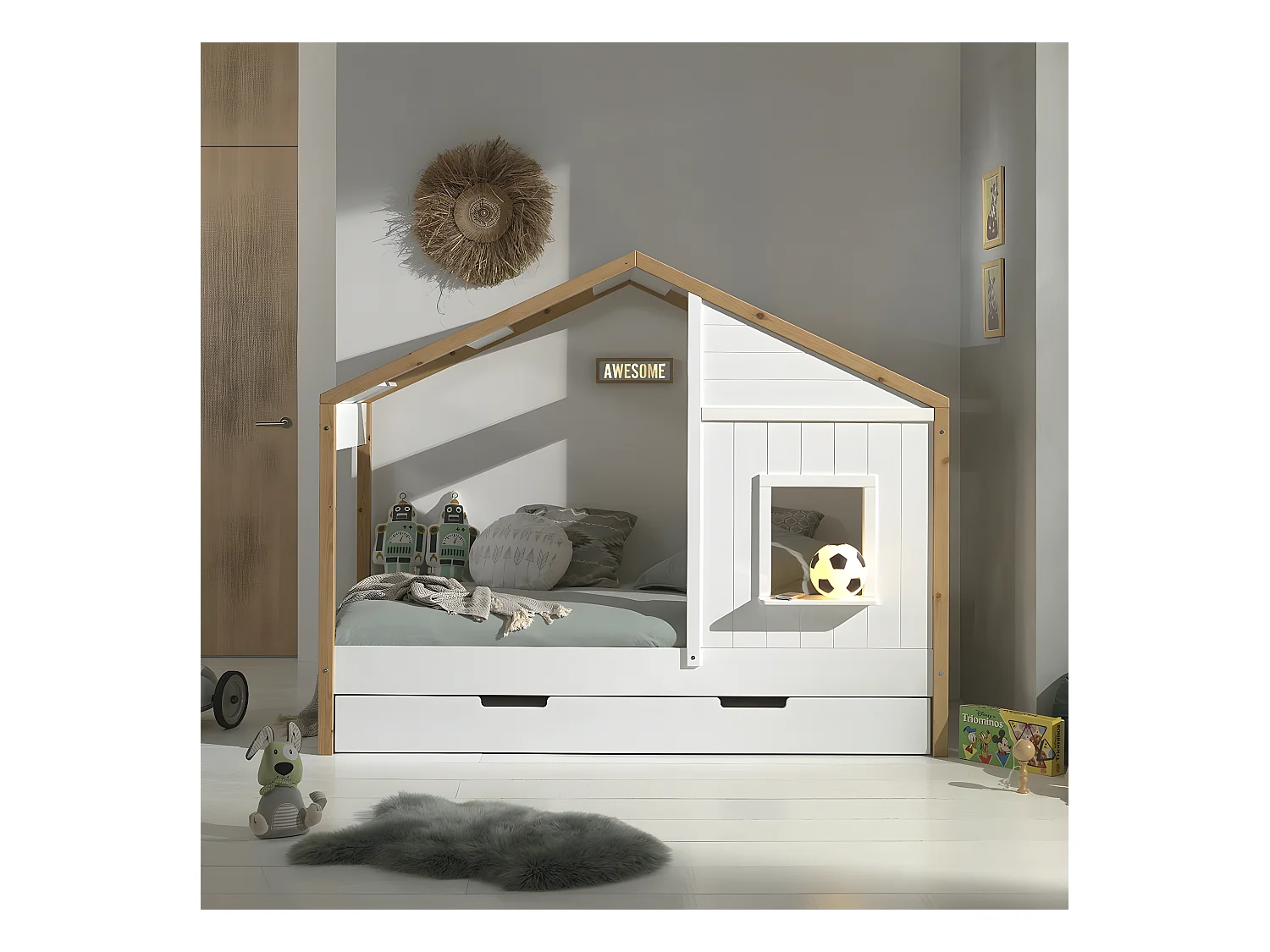 PONGO - Lit Maison 90x200cm Blanc et Pin avec Fenêtre + Tiroir