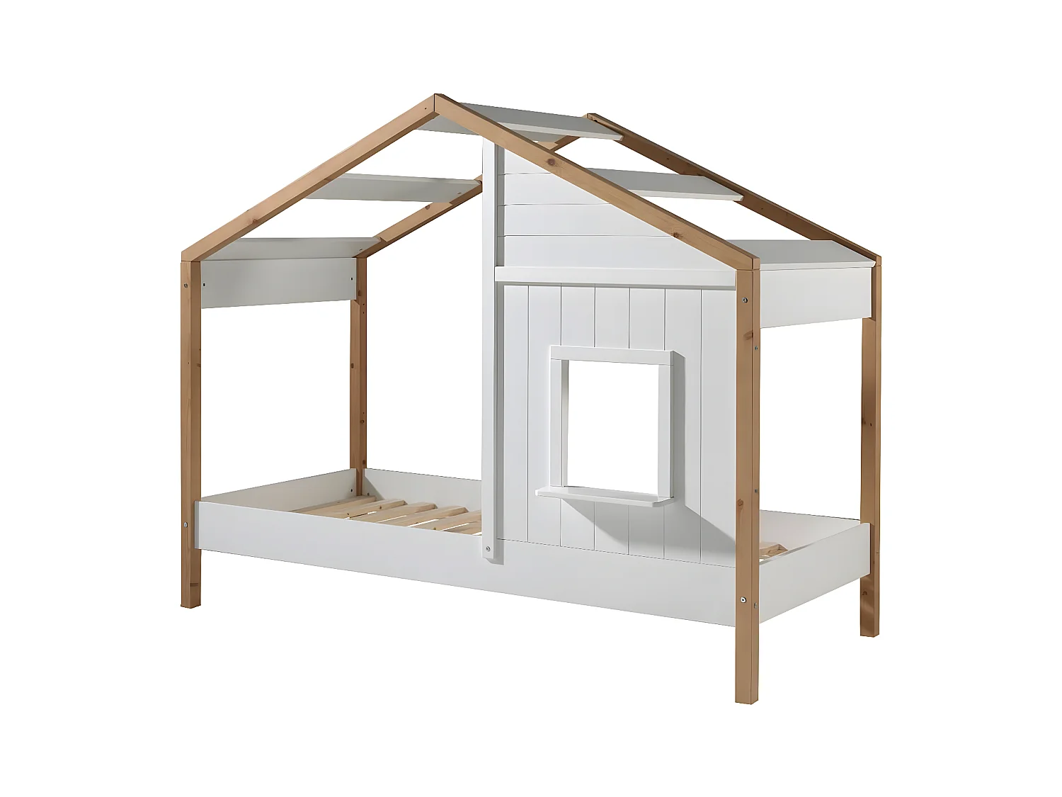 PONGO - Lit Maison 90x200cm Blanc et Pin avec Fenêtre + Tiroir