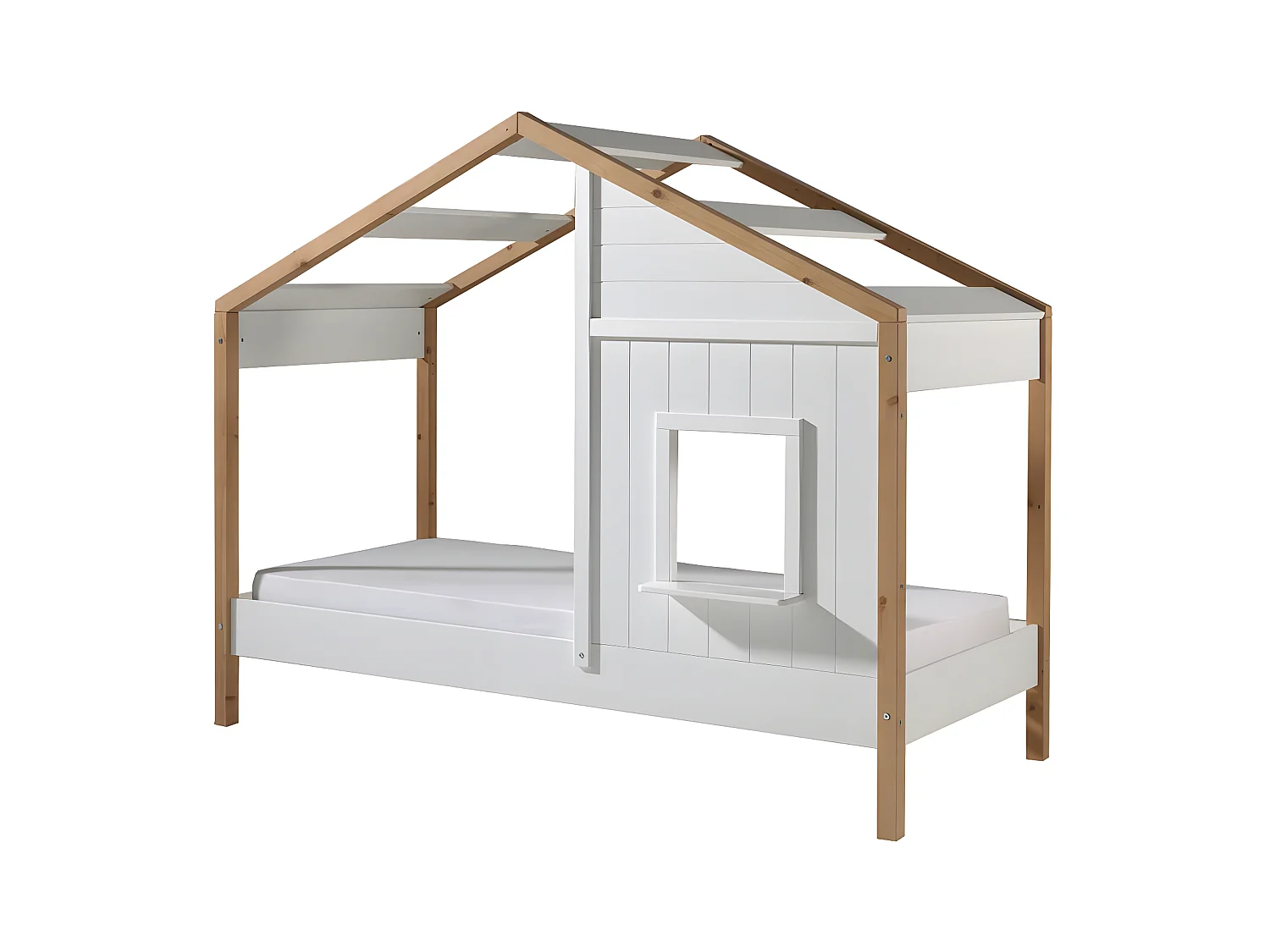 PONGO - Lit Maison 90x200cm Blanc et Pin avec Fenêtre + Tiroir