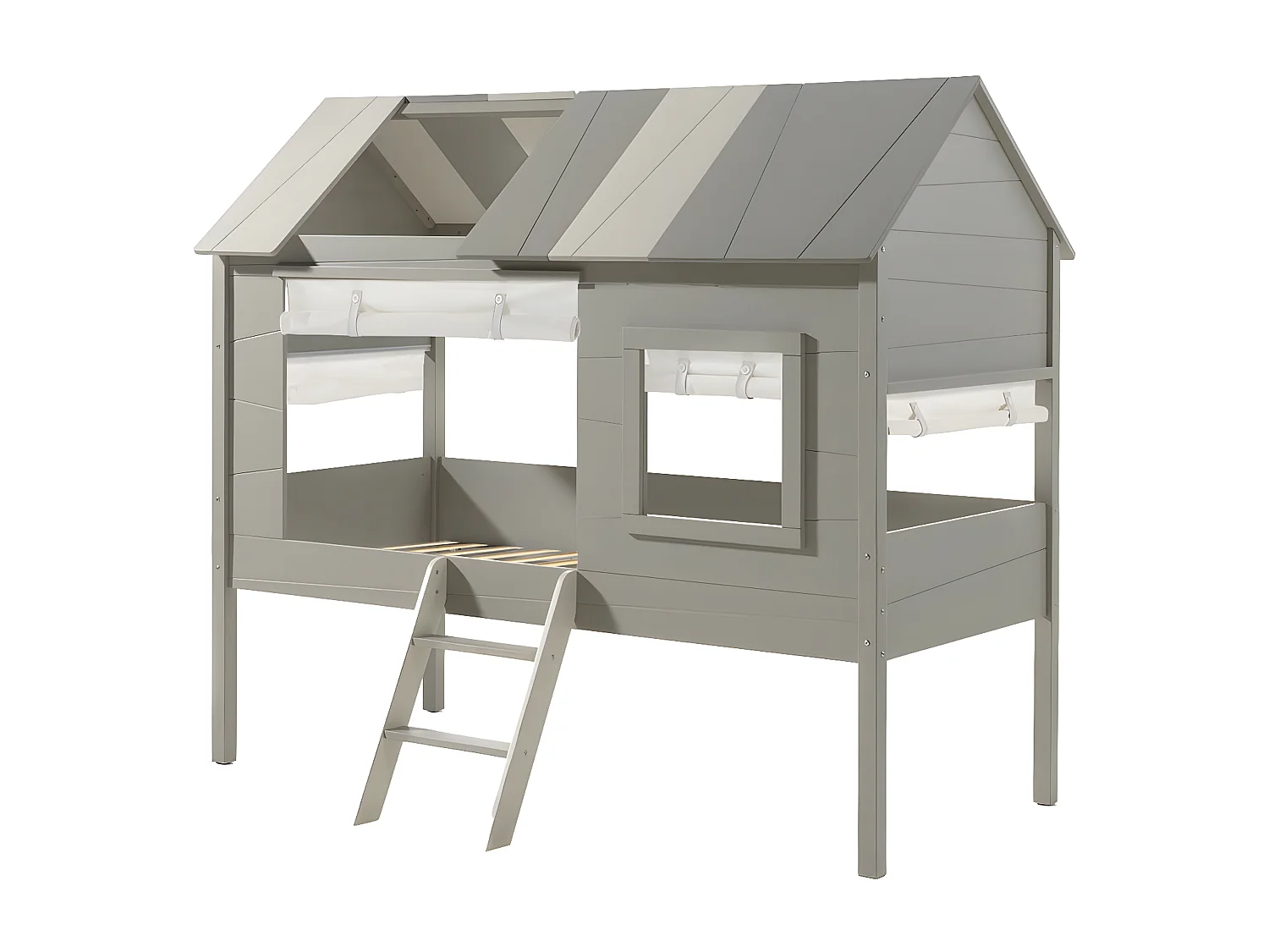 COOKIE - Lit Cabane Surélevé 90x200cm Gris avec Sommier et Rideaux