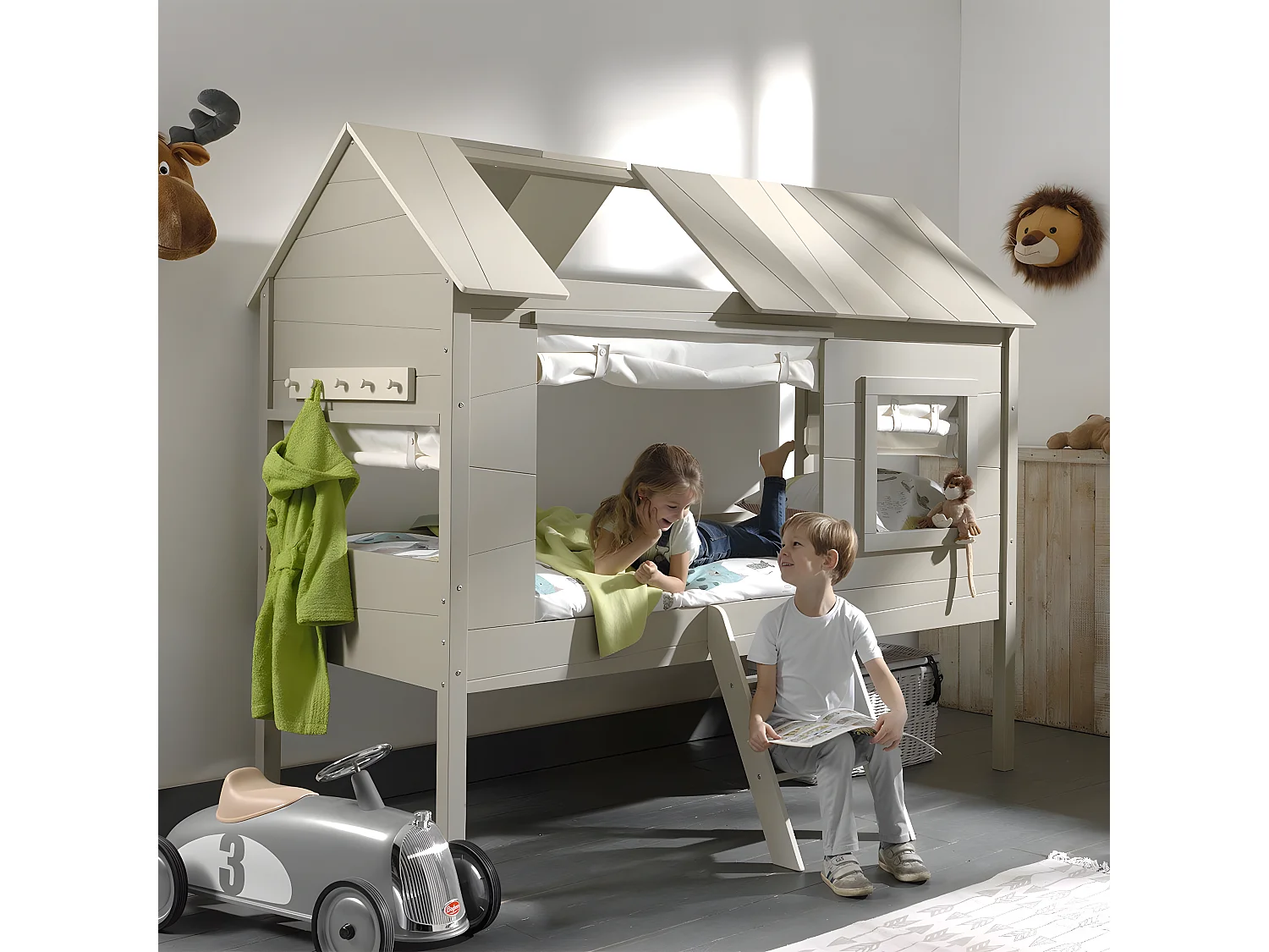 COOKIE - Lit Cabane Surélevé 90x200cm Gris avec Sommier et Rideaux