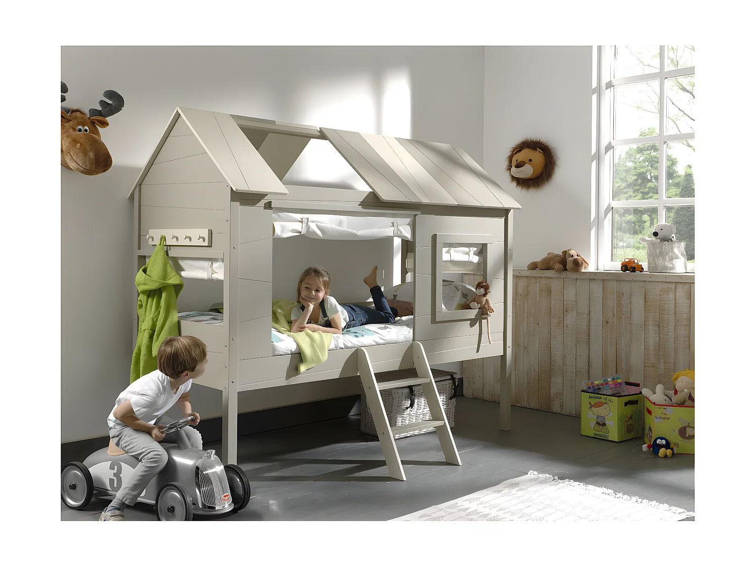 COOKIE - Lit Cabane Surélevé 90x200cm Gris avec Sommier et Rideaux