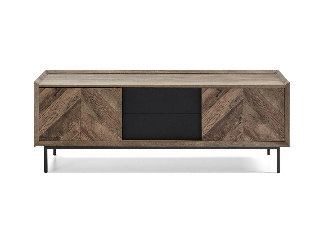 Meuble TV 2 portes 2 tiroirs effet chêne à chevrons / noir 147 cm - Mario