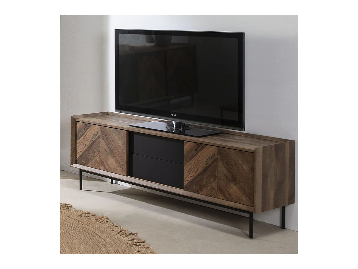 Meuble TV 2 portes 2 tiroirs effet chêne à chevrons / noir 147 cm - Mario