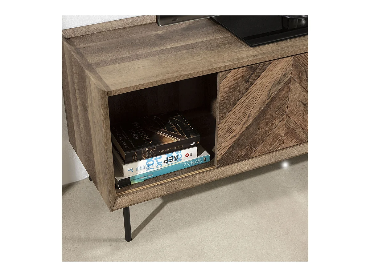 Meuble TV 2 portes 2 tiroirs effet chêne à chevrons / noir 147 cm - Mario