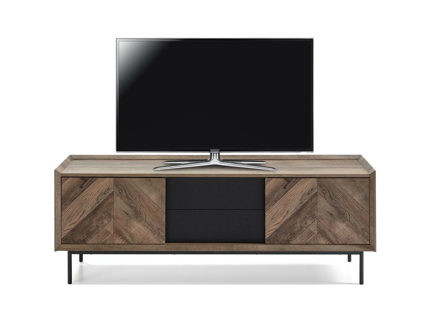 Meuble TV 2 portes 2 tiroirs effet chêne à chevrons / noir 147 cm - Mario